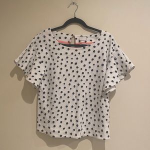 Anthropologie 9-H15 STCL White Ruffle Sleeve Top with Black Polka Dots